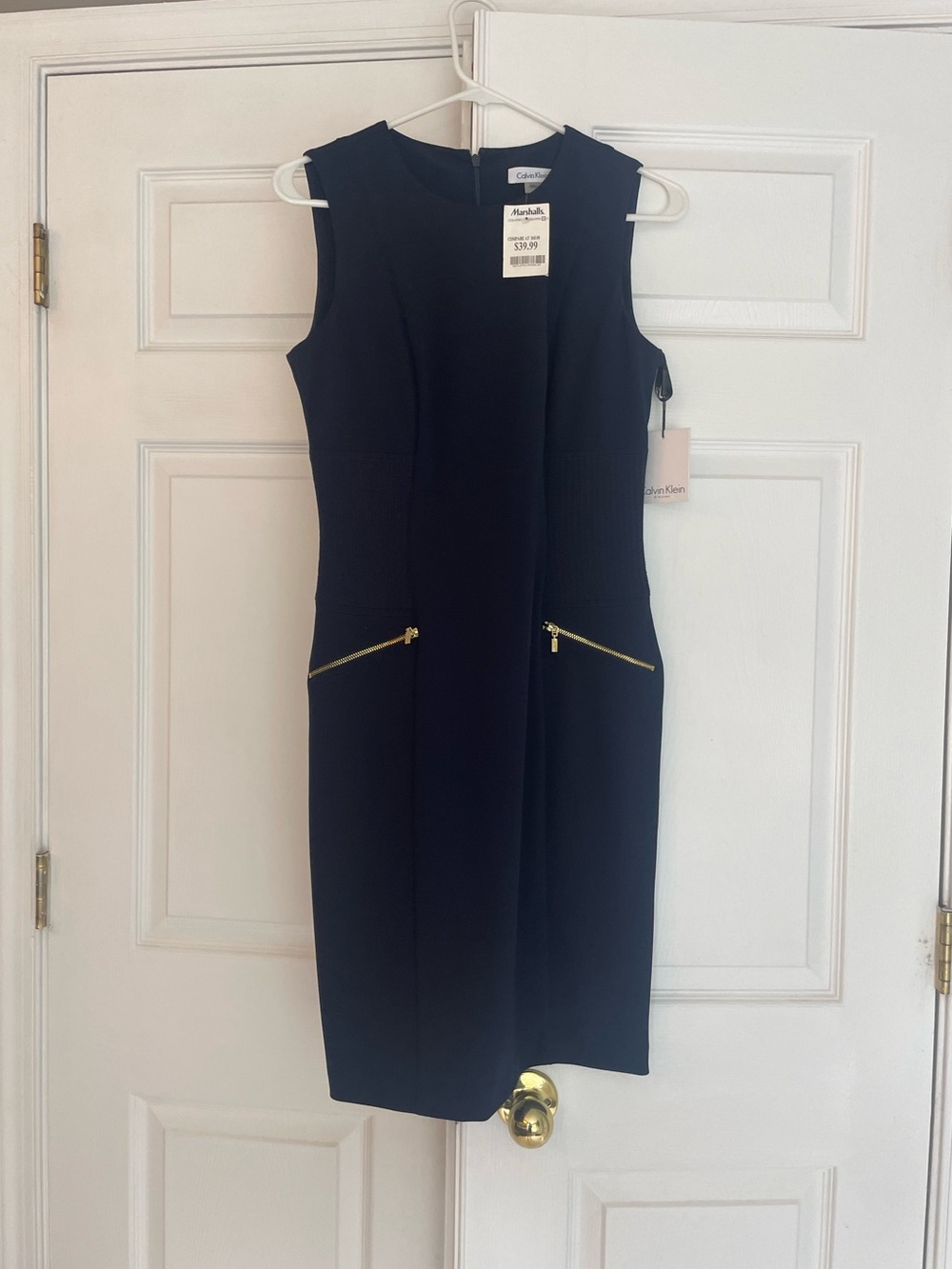 Calvin Klein Black Sheath Dress with Gold Zipper Accents